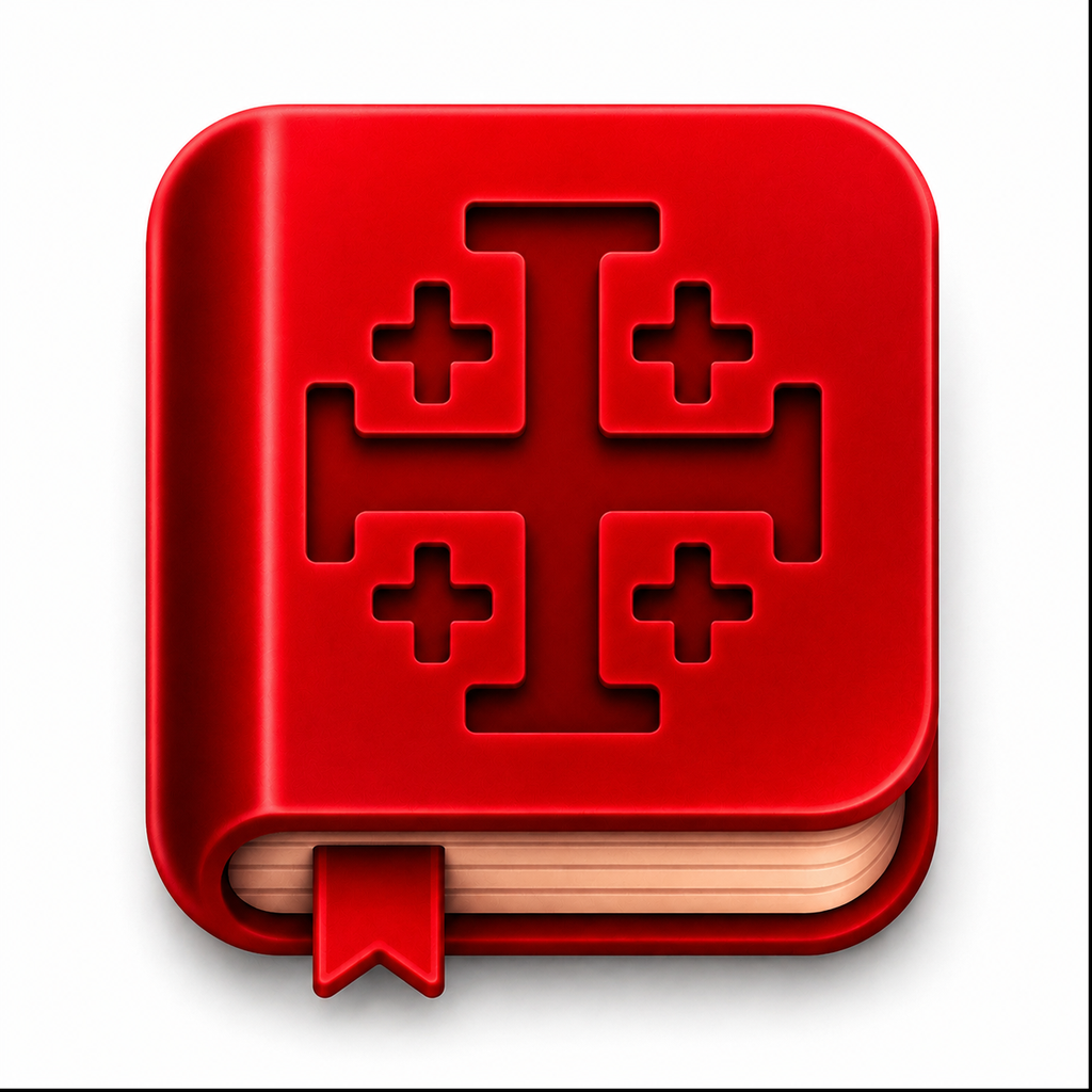 Crimson Bible app icon — a crimson book embossed with a Jerusalem cross