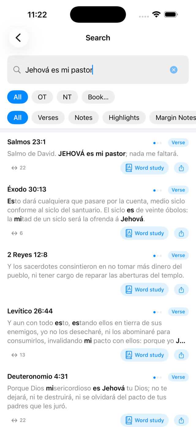 Search results for 'Jehová es mi pastor' in the Reina-Valera 1909 Spanish Bible, with Psalm 23:1 as the top hit