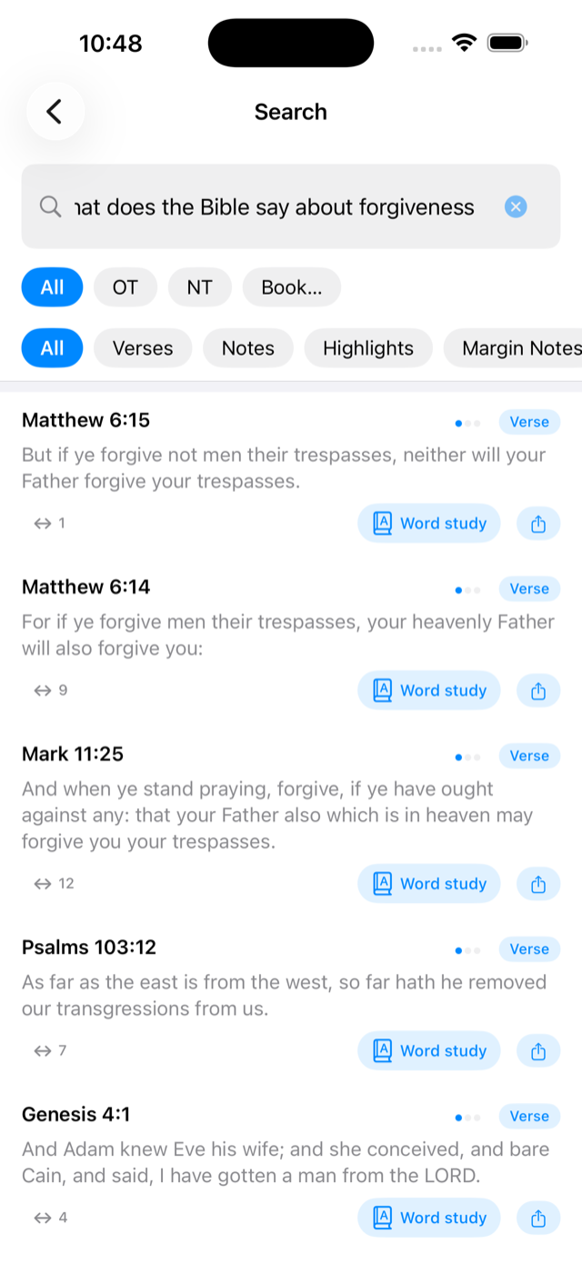 Search results for the question 'what does the Bible say about forgiveness' in the KJV
