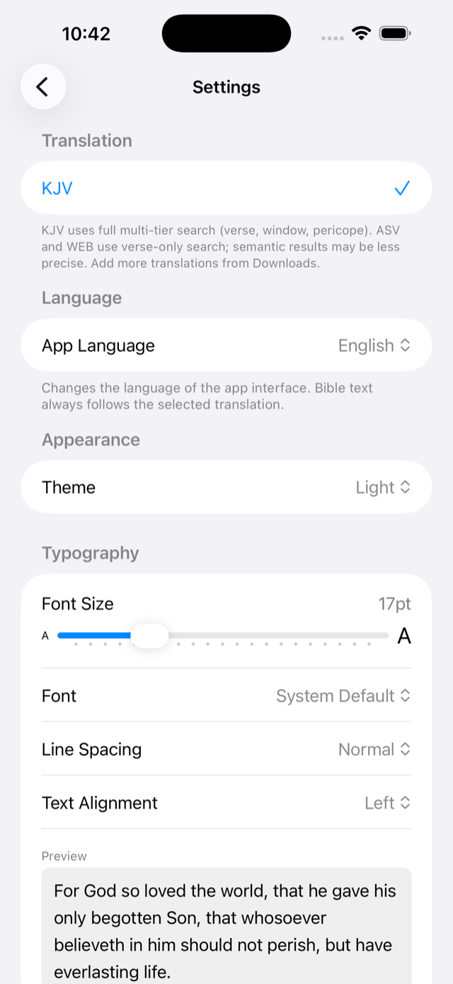Settings: translation picker, app language, fonts and themes