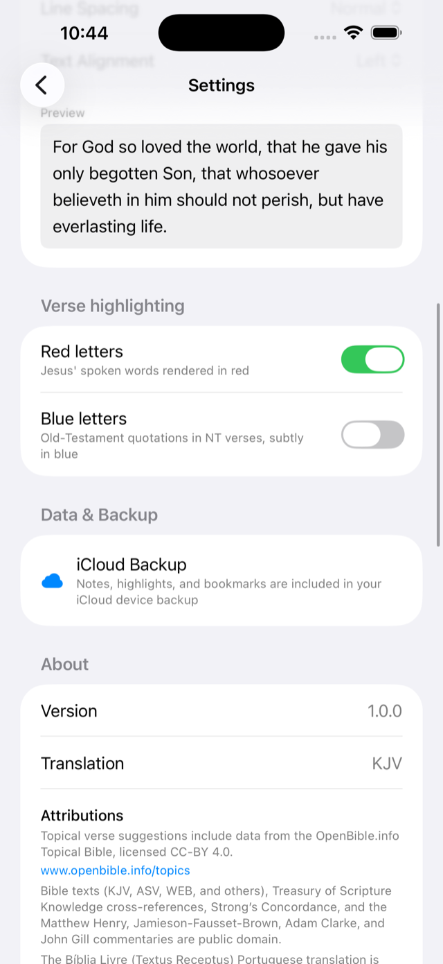 Settings: appearance theme, typography, and verse highlighting toggles