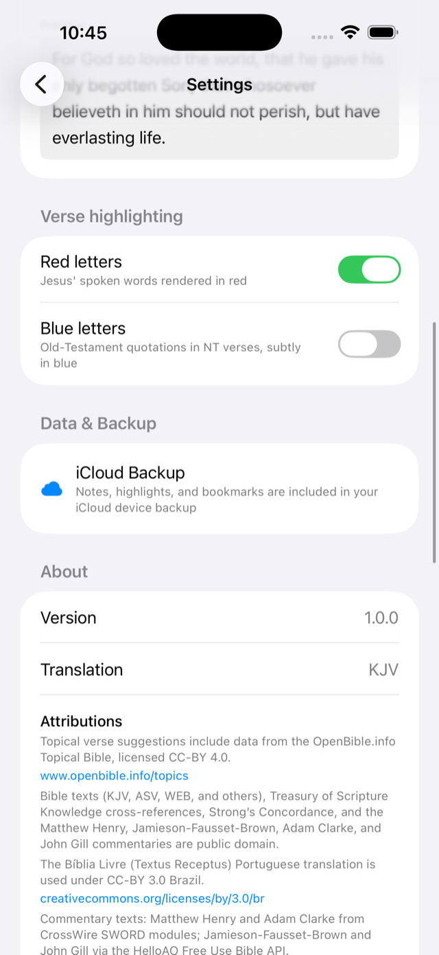 Settings: iCloud backup and About section with attributions