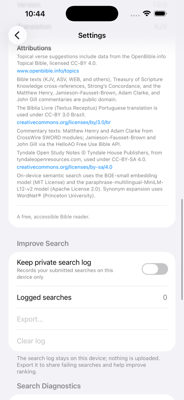 Settings: the opt-in, local-only search log