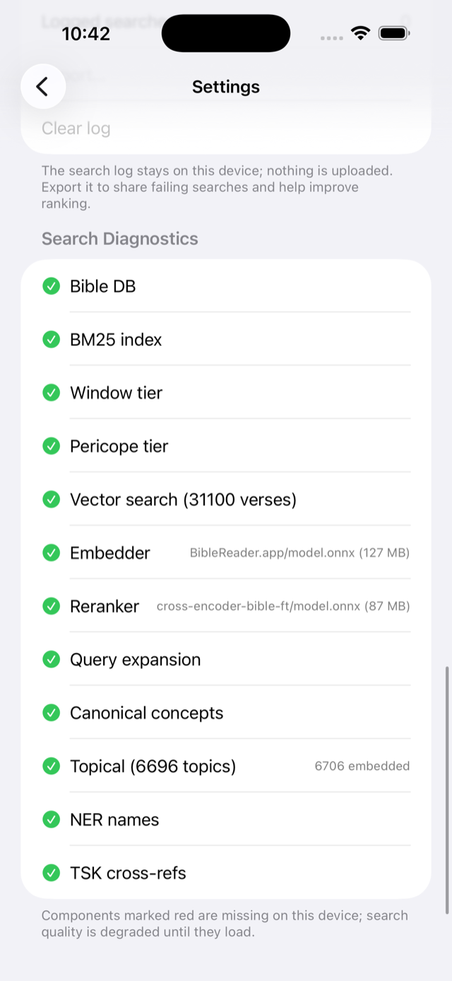 Settings: Search Diagnostics showing every search component loaded and green