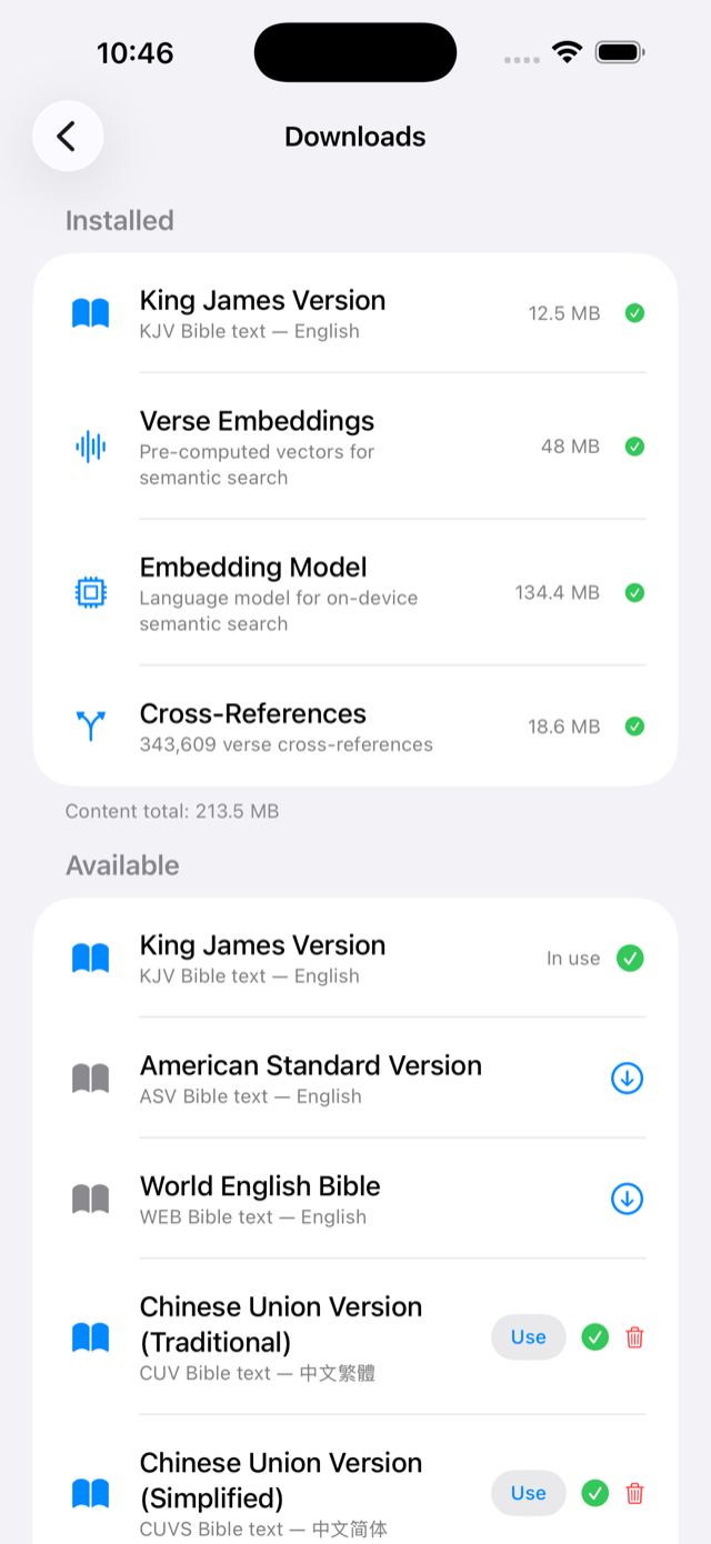 Downloads screen with installed and available translations