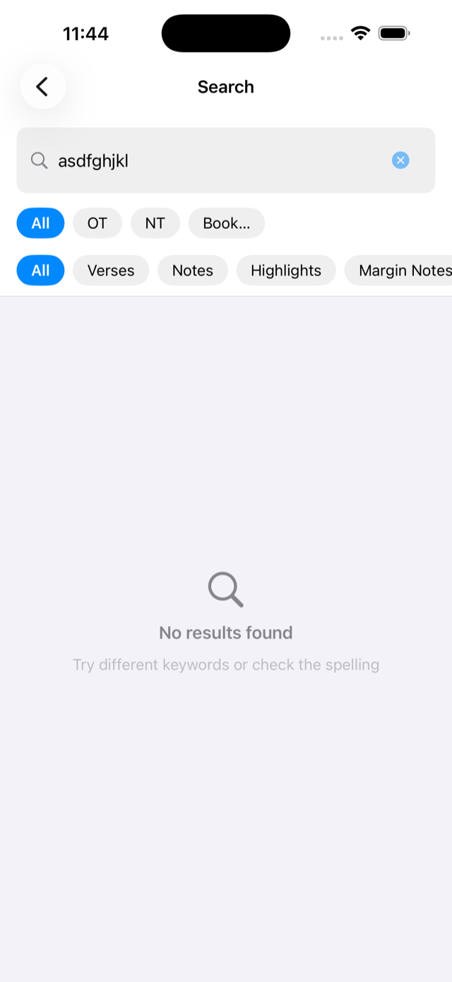 An honest empty state: no results found for a nonsense query