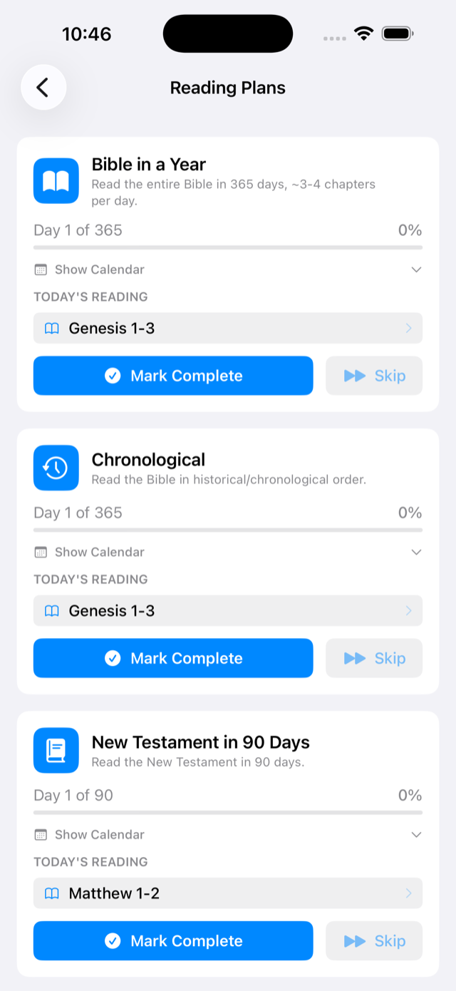Reading plans screen