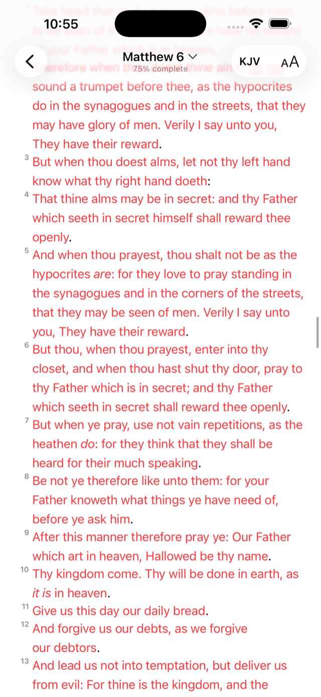 Continuous reading mode scrolling straight through the Bible